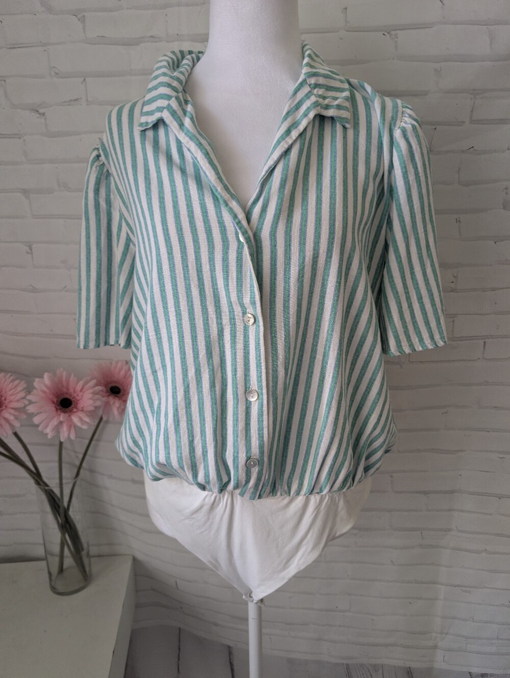 Draper James Mint and White Striped Button-Down Body Suit